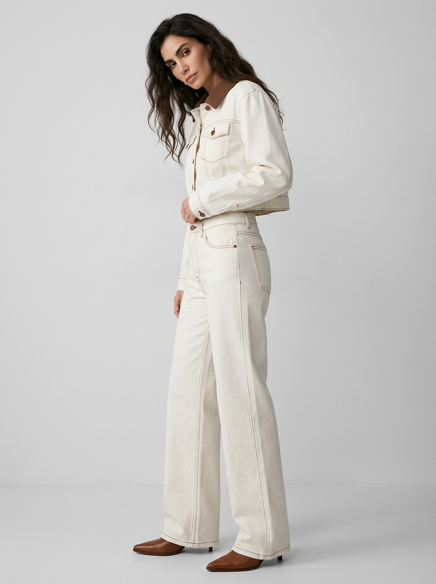 Jean ivoire droit à surpiqûres marron – coupe large