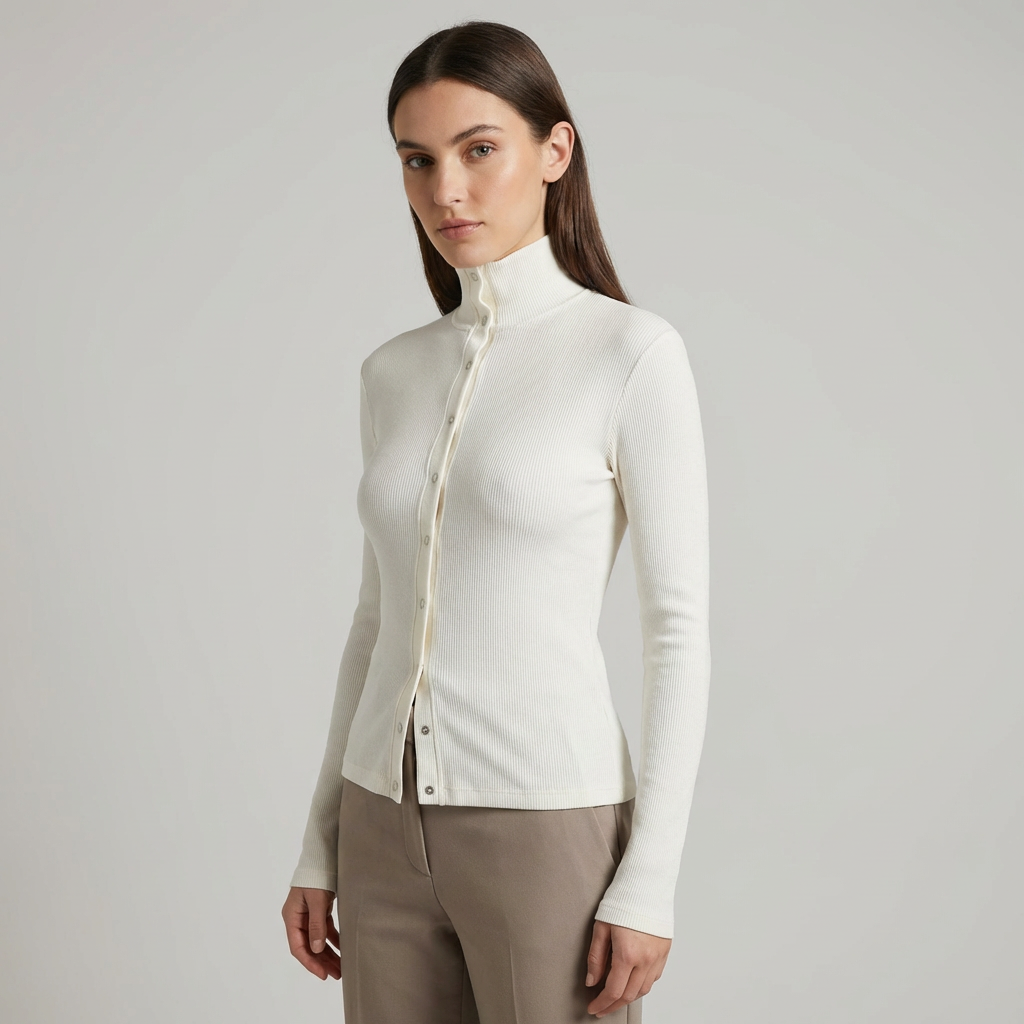 Top côtelé ivoire à pressions – col montant ajusté