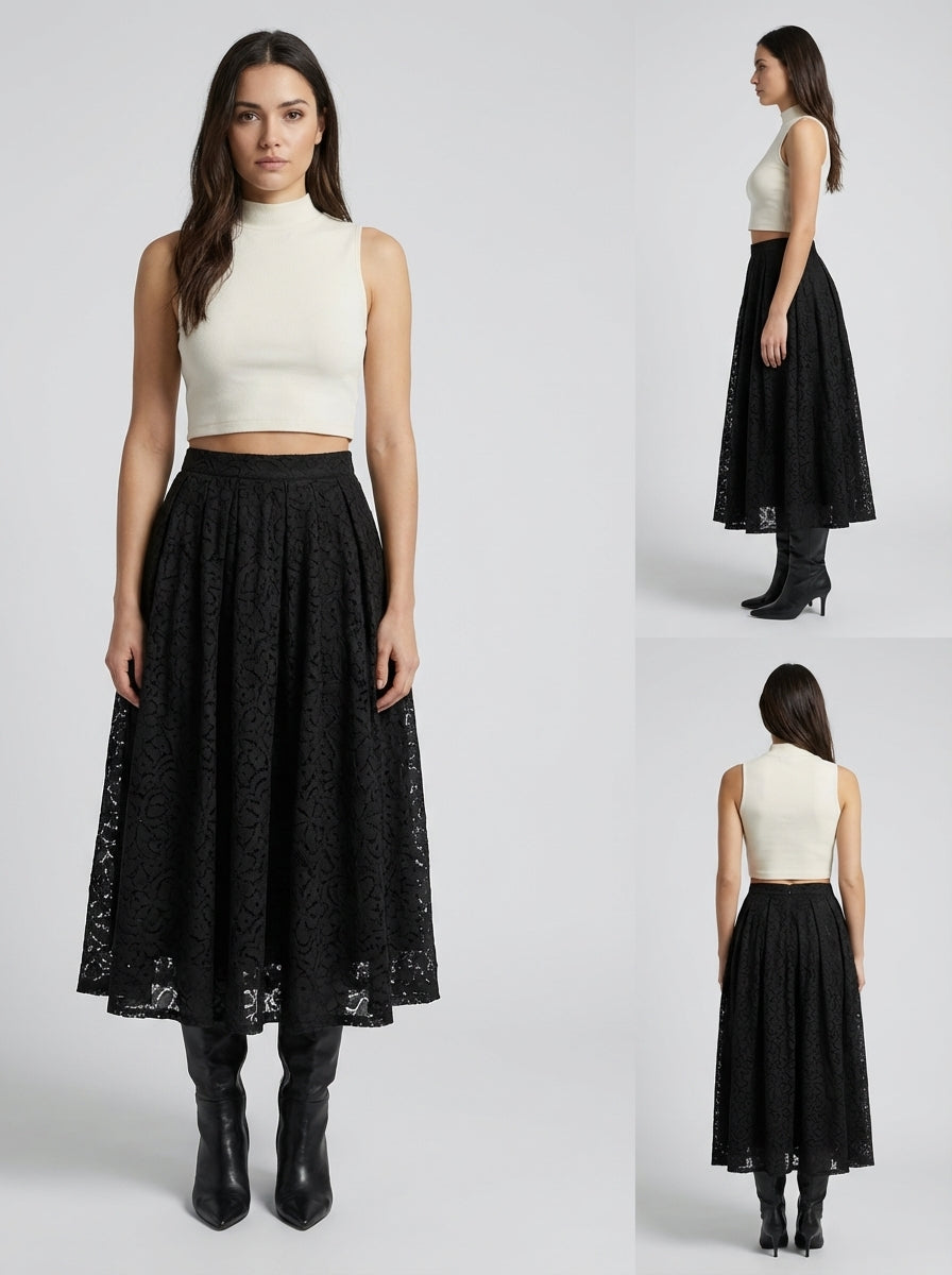 Jupe longue dentelle motif floral, doublée